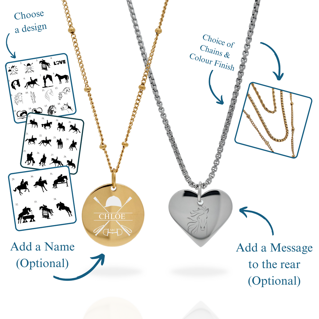 Personalised Stainless Steel Horse Silhouette Coin or Heart Necklace